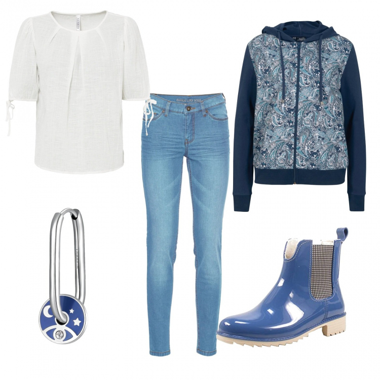 Outfit donna - Total look #1293568. Stile Casual per Ufficio. Abbinamento con jeans skinny, bluse, felpe con cappuccio, orecchini, stivaletti chelsea.