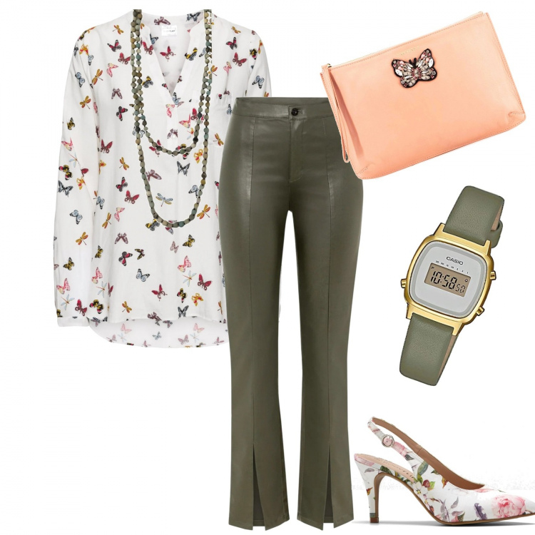 Outfit donna - VIva la primavera!. Stile Bon Ton per Serata fuori. Abbinamento con bluse, pantaloni, décolleté, collane, pochette, orologi digitali.