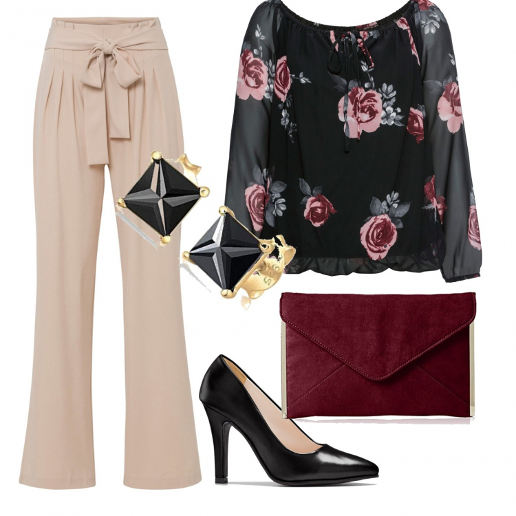 Outfit donna - Madrina alla cresima. Stile Casual chic per Cerimonia. Abbinamento con pantaloni, bluse, décolleté, pochette, orecchini.