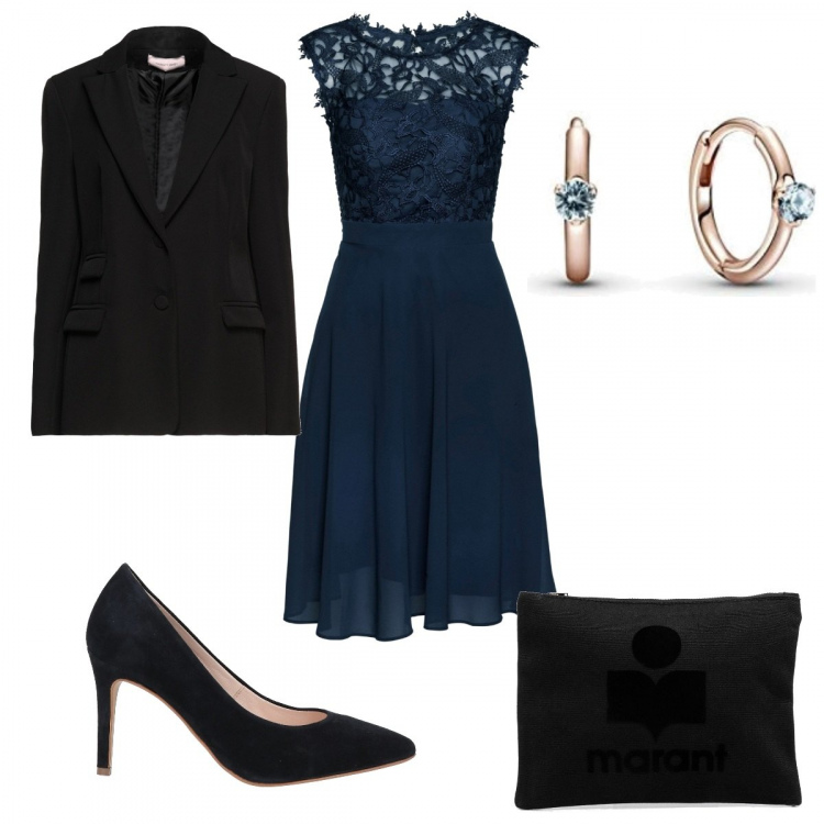 Outfit donna - Blu e nero chic. Stile Chic per Serata fuori. Abbinamento con vestiti corti, blazer, décolleté, clutch, orecchini.