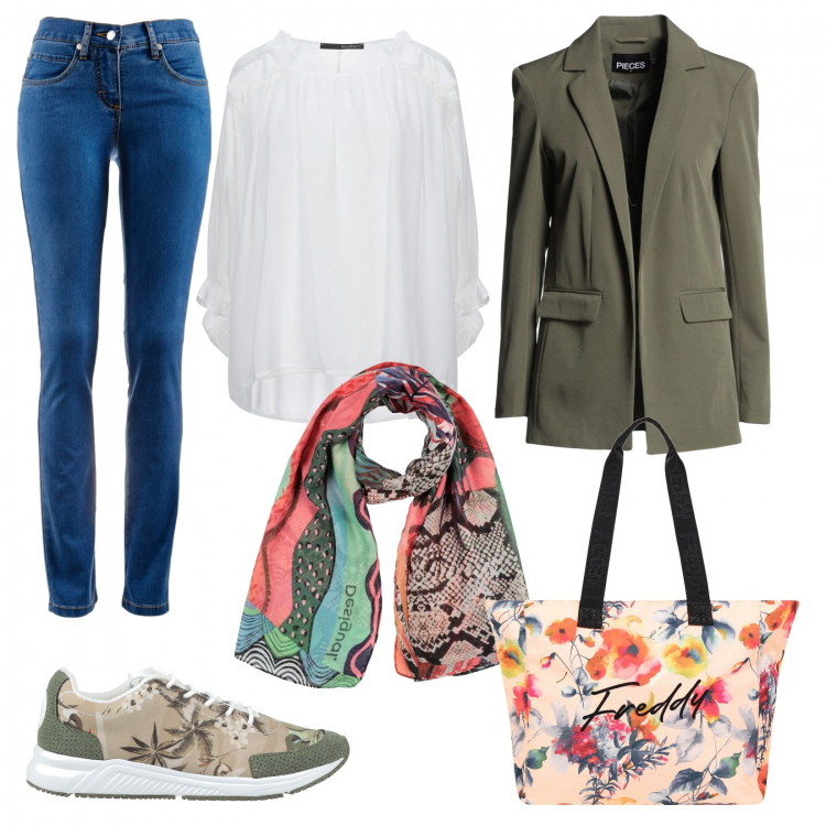 Outfit donna - In ufficio senza regole. Stile Casual per Ufficio. Abbinamento con jeans dritti, bluse, blazer, sneakers, sciarpe, borse tote.