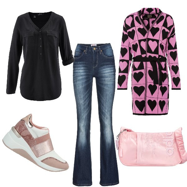 Outfit donna - Informale in ufficio. Stile Basic per Ufficio. Abbinamento con bluse, cardigans, jeans bootcut, sneakers, borse a spalla.