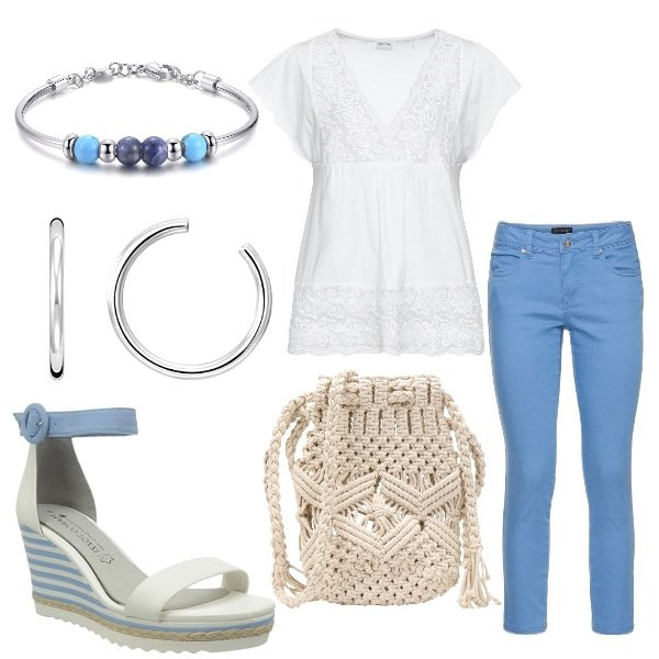 Outfit donna - Aspettando l\'estate. Stile Basic per Tutti i giorni. Abbinamento con maglieria, pantaloni, borse a tracolla, braccialetti, sandali col tacco, orecchini.