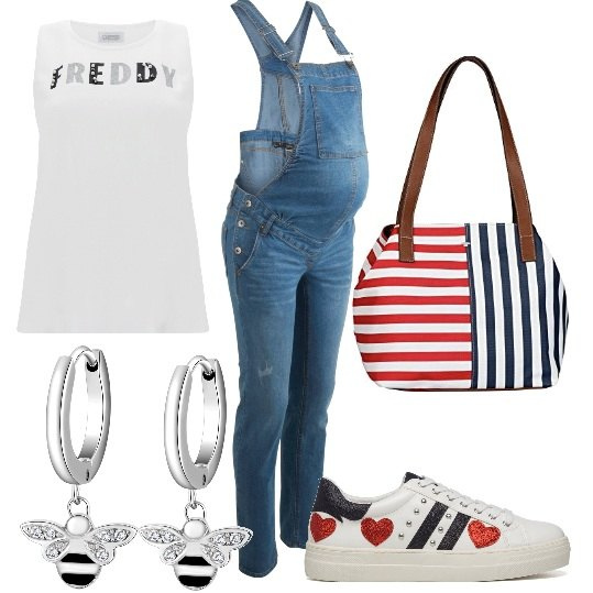 Outfit donna - Futura Mamma in jeans. Stile Casual per Tutti i giorni. look ideale per Premaman. Abbinamento con salopette, orecchini, canottiere, sneakers, shopping bag.