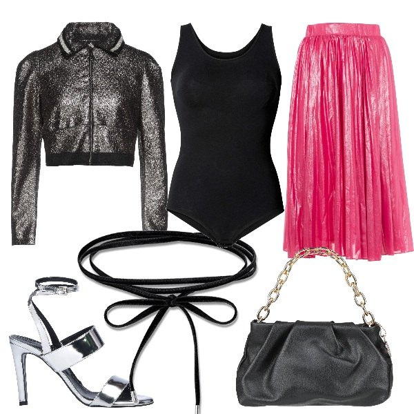 Outfit donna - Per una serata in disco. Stile Glamour per Serata fuori. Abbinamento con body, blazer, borse a mano, sandali col tacco, gonne lunghe, ciondoli.