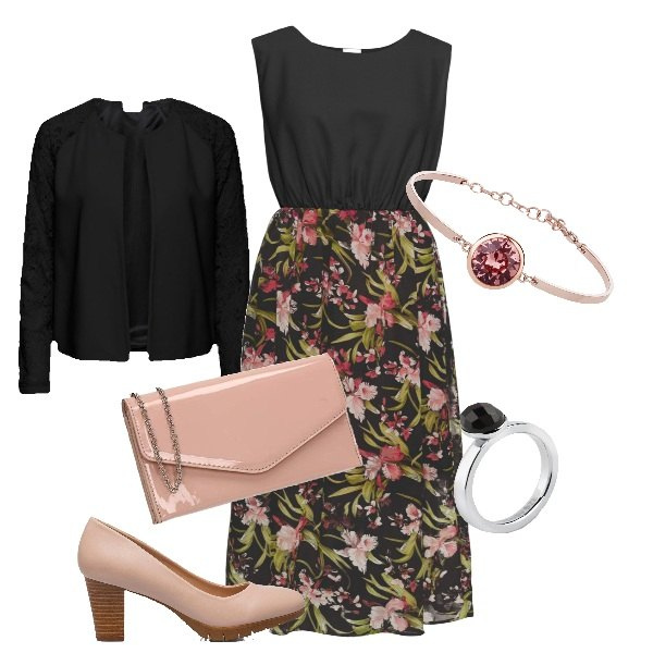 Outfit donna - L\'eleganza del rosa e nero. Stile Casual chic per Cerimonia. Abbinamento con blazer, vestiti lunghi, braccialetti, anelli, décolleté, pochette.