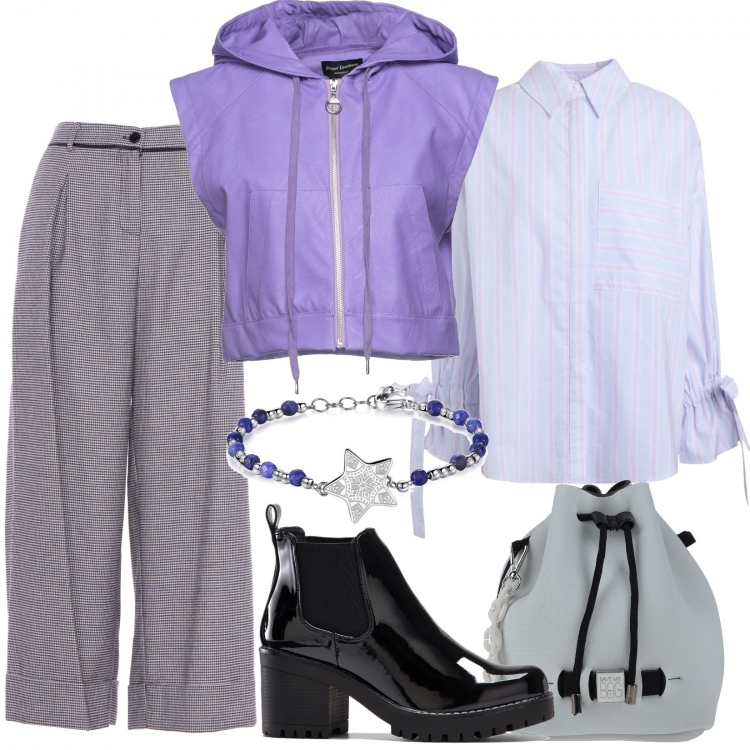 Outfit donna - Total look #1293985. Stile Urban per Scuola/Università. Abbinamento con stivaletti, borse a tracolla, giacche, camicie, pantaloni capri, braccialetti.