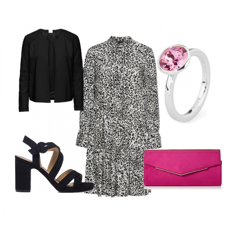 Outfit donna - Cena tra amiche. Stile Casual chic per Serata fuori. Abbinamento con blazer, vestiti, anelli, sandali col tacco, pochette.