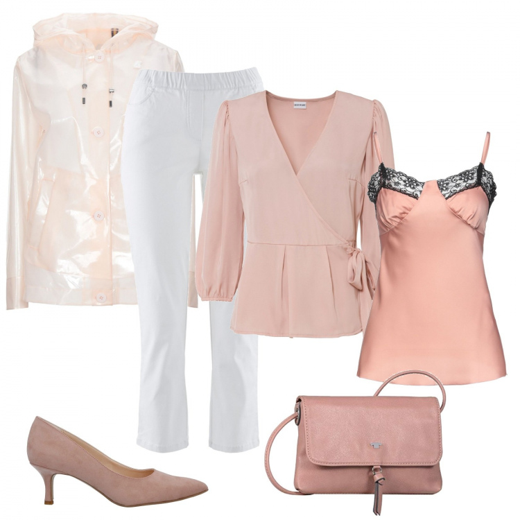 Outfit donna - In ufficio radiosa a primavera. Stile Casual chic per Ufficio. Abbinamento con pantaloni, bluse, cappotti, top, décolleté, borse a spalla.