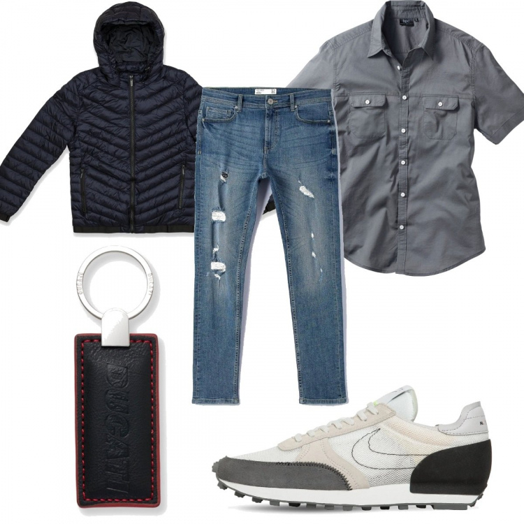 Outfit uomo - Primavera in jeans strappati. Stile Trendy per Tutti i giorni. Abbinamento con camicie a manica corta, jeans, piumini, portachiavi, sneakers.