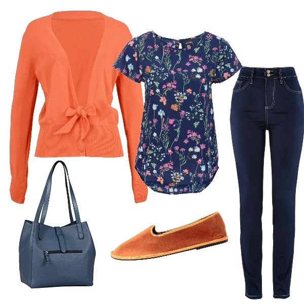 Outfit donna - Voglia di fiori. Stile Casual per Ufficio. Abbinamento con jeans slim fit, cardigans, bluse, mocassini, shopping bag.