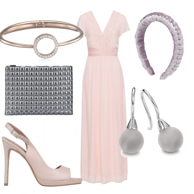 Outfit donna - Damigella d\'onore. Stile Chic per Cerimonia. Abbinamento con vestiti lunghi, sandali col tacco, accessori per capelli, clutch, orecchini, braccialetti.