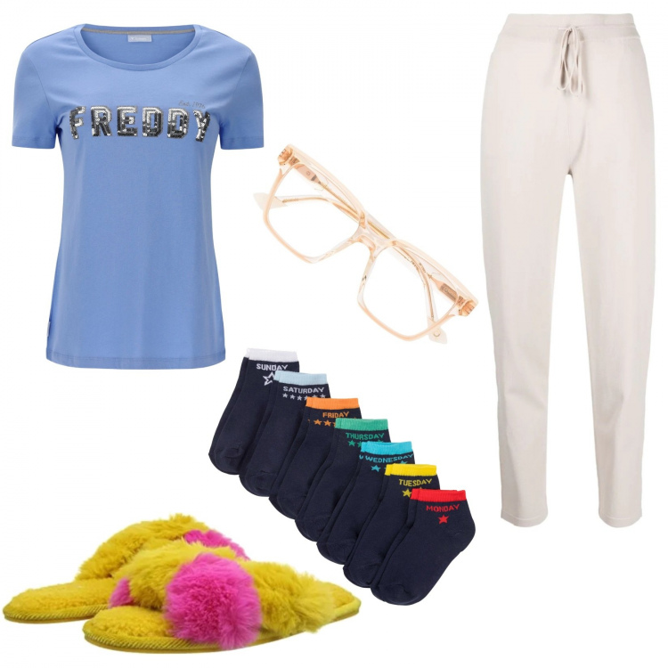 Outfit donna - Homewear spring relax. Stile Basic per Tutti i giorni. Abbinamento con calzini, occhiali da sole, pantaloni, t-shirt, pantofole.