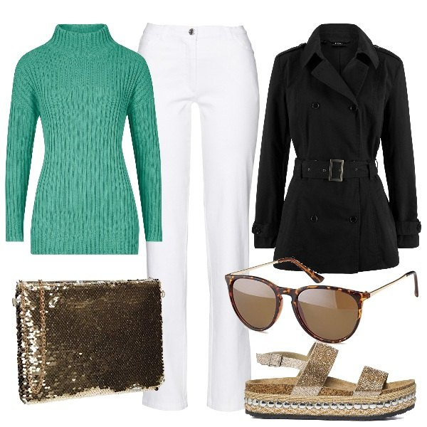 Outfit donna - Primavera. Stile Casual chic per Tutti i giorni. Abbinamento con pantaloni, trench, maglieria, sandali in pelle, occhiali da sole, pochette.