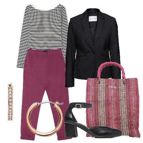 Outfit donna - Righe su ciclamino. Stile Casual chic per Tutti i giorni. Abbinamento con blazer, borse a mano, pantaloni, maglieria, décolleté, orecchini.