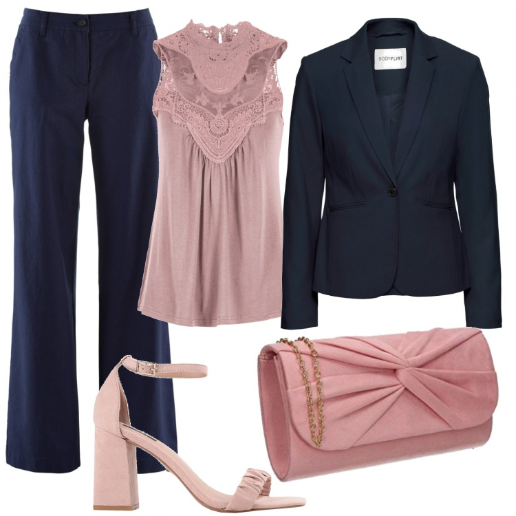 Outfit donna - Prime idee per una cerimonia curvy. Stile Chic per Cerimonia. Abbinamento con pantaloni, top, blazer, sandali col tacco, pochette.