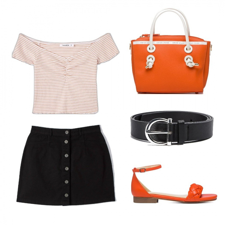 Outfit donna - Total look #1295020. Stile Casual chic per Ufficio. look ideale per Tall. Abbinamento con t-shirt, cinture, minigonne, sandali in pelle, borse a mano.