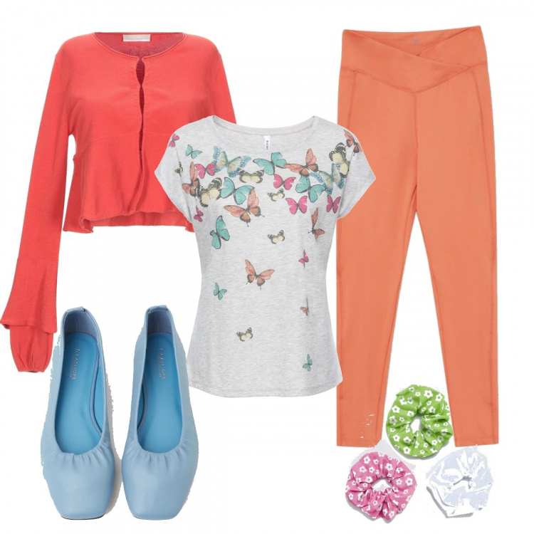 Outfit donna - A casa?Homewear spring!. Stile Basic per Tutti i giorni. Abbinamento con cardigans, maglieria, accessori per capelli, leggings, ballerine.