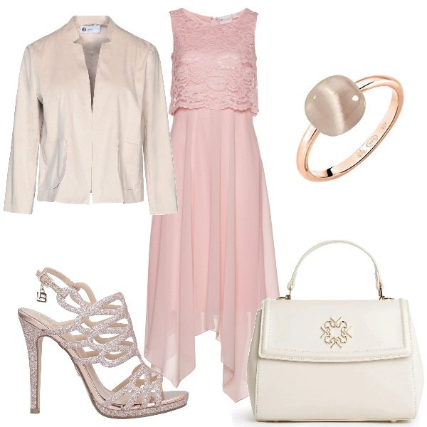 Outfit donna - Total look #1295255. Stile Chic per Cerimonia. Abbinamento con vestiti midi/longuette, sandali col tacco, blazer, borse a mano, anelli.