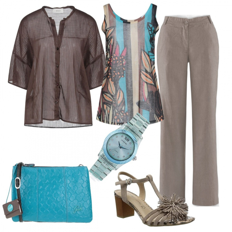 Outfit donna - Quando turchese sposa il marrone. Stile Casual chic per Tutti i giorni. Abbinamento con pantaloni, canottiere, camicie a manica corta, borse a tracolla, orologi, sandali in pelle.