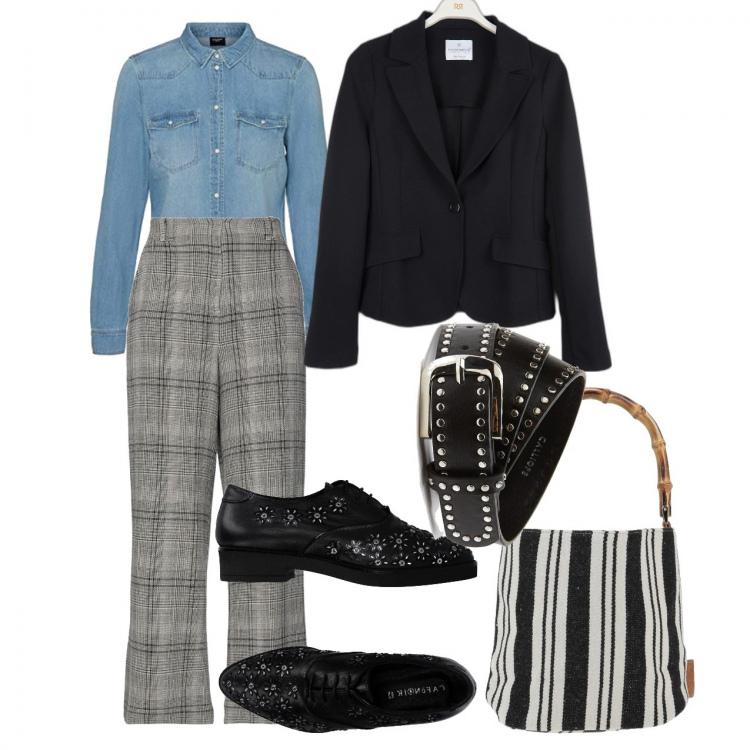 Outfit donna - Mannish di marzo. Stile Mannish per Ufficio. Abbinamento con scarpe stringate, pantaloni, borse a mano, blazer, cinture, camicie.