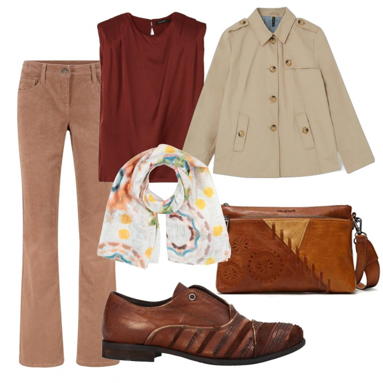 Outfit donna - Un po\' di vento fresco. Stile Casual per Ufficio. Abbinamento con pantaloni, mocassini, sciarpe, top, giacche, borse a tracolla.