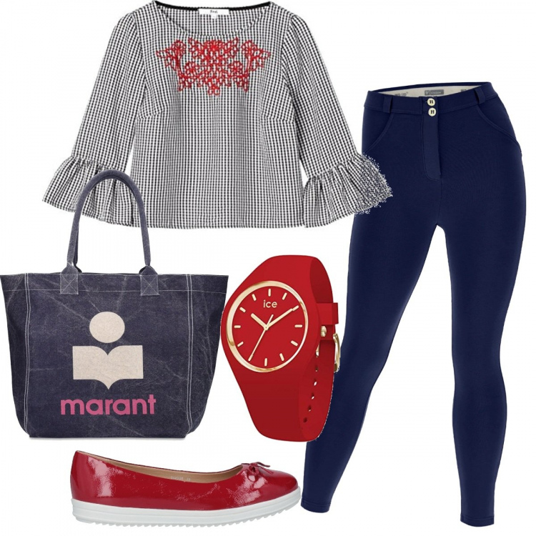 Outfit donna - #InformaleInUfficio. Stile Urban per Ufficio. Abbinamento con ballerine, pantaloni skinny, camicie, orologi, shopping bag.