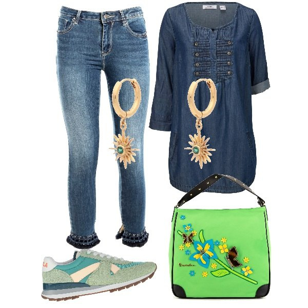Outfit donna - La fantastica borsa Braccialini. Stile Casual per Tutti i giorni. Abbinamento con bluse, sneakers, orecchini, jeans skinny, borse a mano.