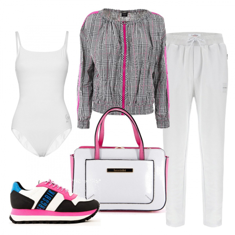 Outfit donna - Athleisure. Stile Sporty chic per Tutti i giorni. Abbinamento con sneakers, giacche, borse a tracolla, body, pantaloni.