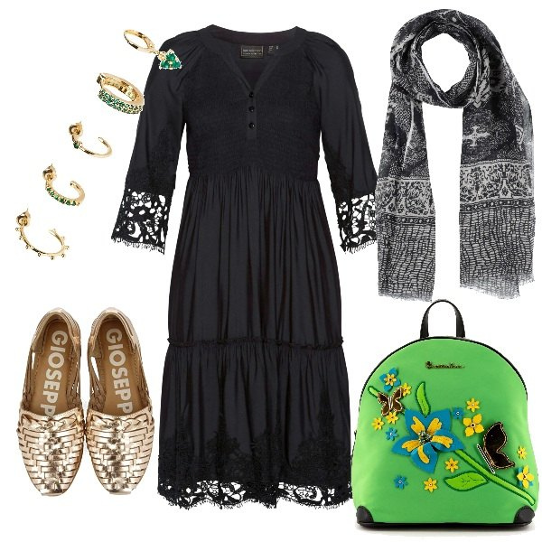 Outfit donna - Lo zainetto Braccialini. Stile Boho per Tutti i giorni. Abbinamento con vestiti chemisier, orecchini, sciarpe, zaini, ballerine.