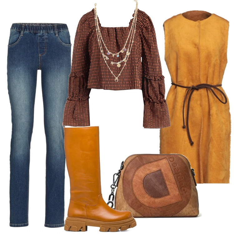 Outfit donna - Primavera nei toni naturali. Stile Boho per Tutti i giorni. Abbinamento con cappotti, bluse, jeggings, ciondoli, stivali, borse a tracolla.