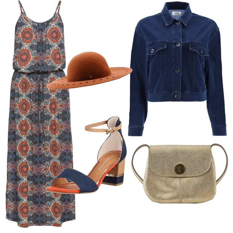 Outfit donna - Etnico low cost. Stile Etnico per Tutti i giorni. Abbinamento con vestiti lunghi, giacche, sandali col tacco, borse a tracolla, cappelli.