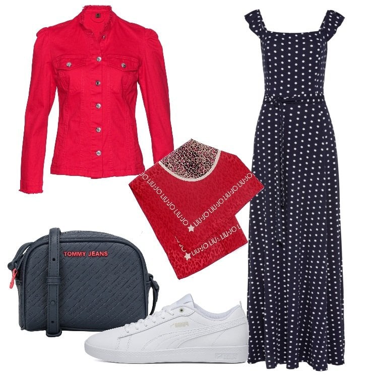 Outfit donna - Voglia di primavera. Stile Casual per Tutti i giorni. Abbinamento con borse a tracolla, vestiti lunghi, blazer, sciarpe, sneakers.