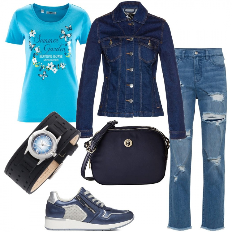 Outfit donna - Casual chic #6173. Stile Casual chic per Tutti i giorni. Abbinamento con t-shirt, jeans mom, blazer, sneakers, zaini, orologi.
