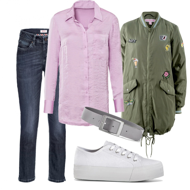 Outfit donna - Primavera senza tacchi. Stile Trendy per Tutti i giorni. Abbinamento con jeans, sneakers, camicie, bomber, cinture.