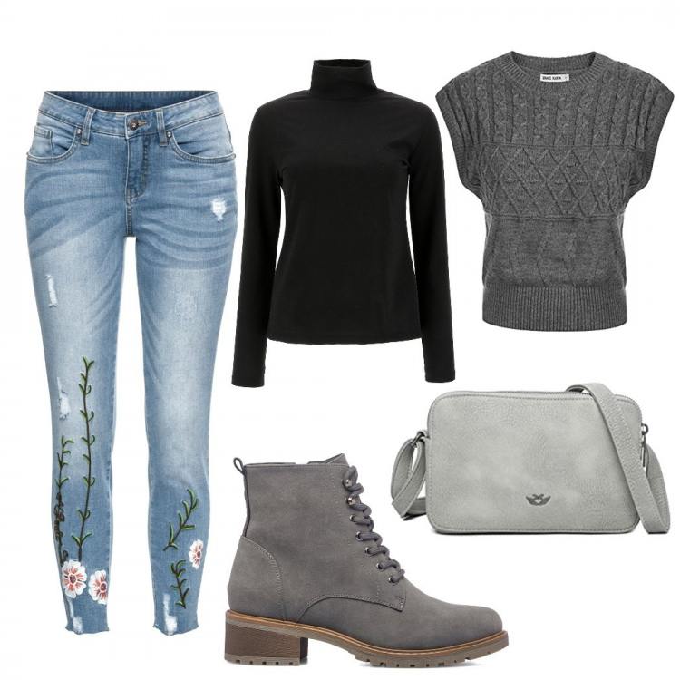 Outfit donna - Grey outfit. Stile Trendy per Scuola/Università. look ideale per Tall. Abbinamento con jeans, maglieria, anfibi, gilet, borse a tracolla.