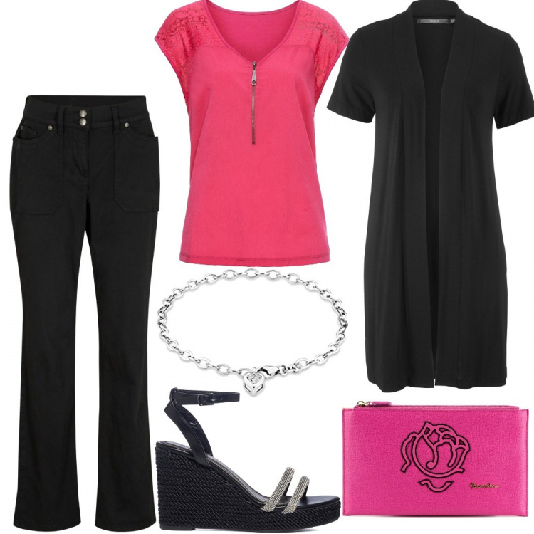 Outfit donna - Casual chic #6178. Stile Casual chic per Serata fuori. Abbinamento con cardigans, pantaloni, t-shirt, pochette, sandali gioiello, braccialetti.