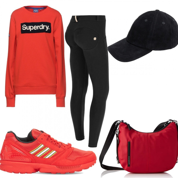 Outfit donna - Basic in rosso e nero. Stile Basic per Sport. Abbinamento con felpe, cappelli con visiera, pantaloni skinny, zaini, sneakers.