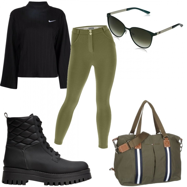 Outfit donna - Primavera military. Stile Military per Tutti i giorni. Abbinamento con anfibi, maglieria, pantaloni skinny, borse a tracolla, occhiali da sole.