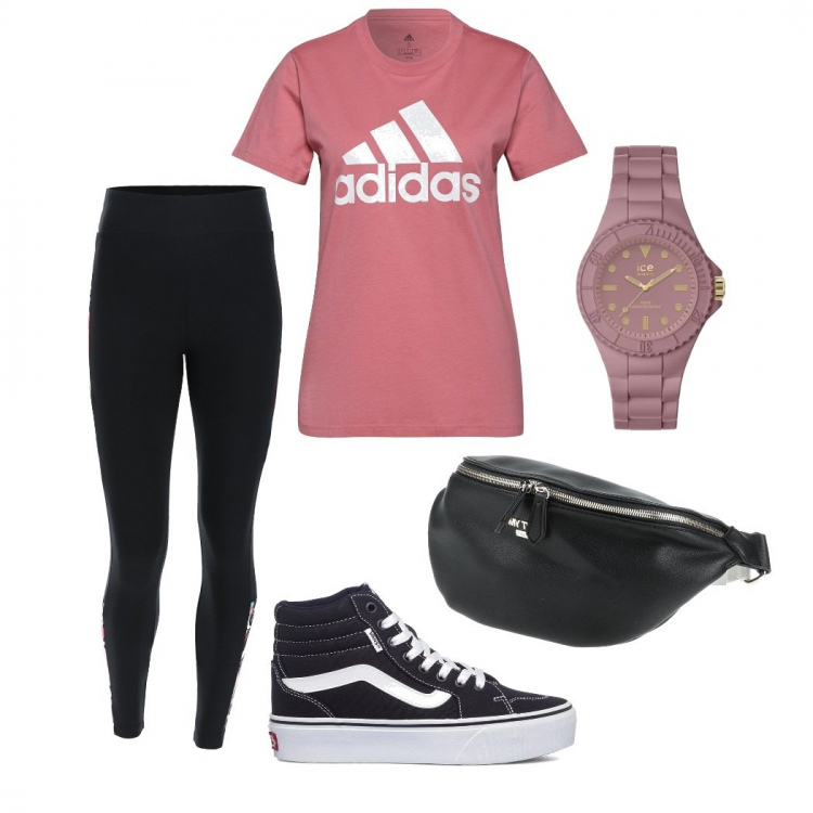 Outfit donna - Giro in bicicletta. Stile Basic per Sport. Abbinamento con marsupi, leggings, t-shirt, sneakers alte, orologi.