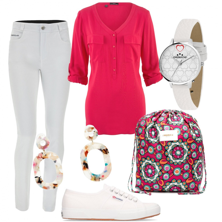 Outfit donna - Una passeggiata in primavera. Stile Sporty chic per Tutti i giorni. Abbinamento con bluse, orecchini, orologi, borse a secchiello, jeans skinny, sneakers.