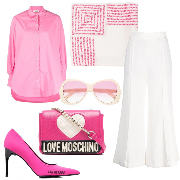 Outfit donna - Pink. Stile Casual chic per Ufficio. look ideale per Tall. Abbinamento con pantaloni a palazzo, camicie, décolleté, foulard, borse a tracolla, occhiali da sole.