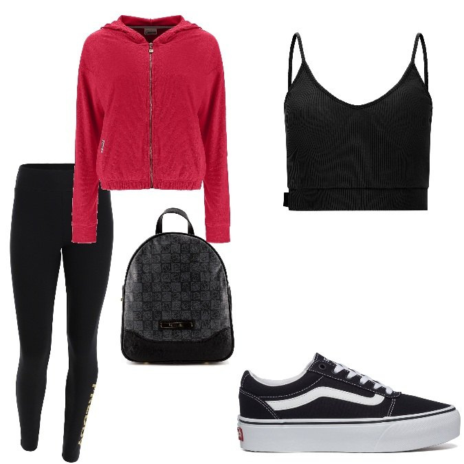 Outfit donna - Total look #1296892. Stile Urban per Sport. Abbinamento con zaini, felpe con cappuccio, leggings, top, sneakers.
