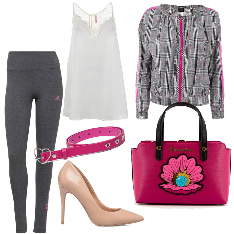 Outfit donna - Athleisure. Stile Sporty chic per Serata fuori. Abbinamento con borse a mano, giacche, top, leggings, décolleté, cinture.