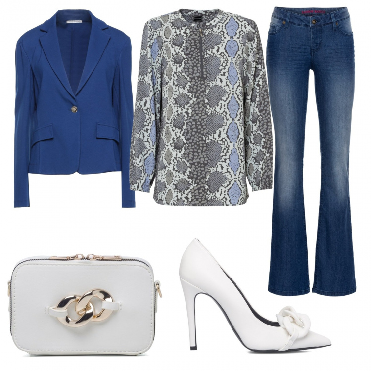 Outfit donna - Total look #1297127. Stile Casual chic per Ufficio. Abbinamento con jeans bootcut, bluse, blazer, borse a tracolla, décolleté.