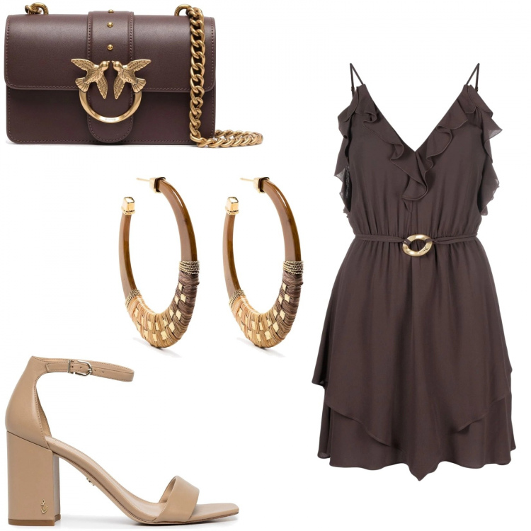 Outfit donna - Serata fuori. Stile Trendy per Serata fuori. Abbinamento con vestiti corti, borse a spalla, sandali col tacco, orecchini.