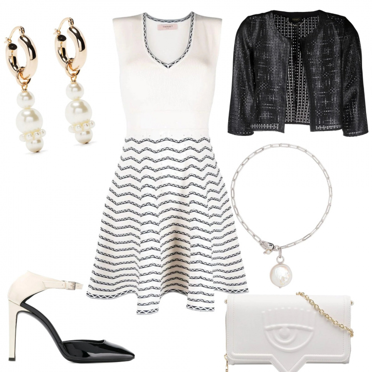 Outfit donna - Cerimonia. Stile Bon Ton per Cerimonia. Abbinamento con vestiti senza maniche, clutch, giacche, braccialetti, décolleté, orecchini.