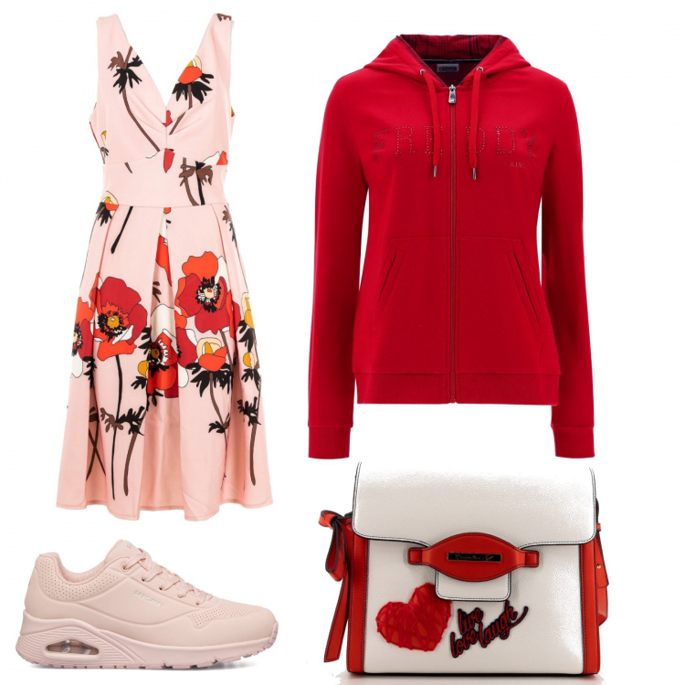 Outfit donna - Athleisure. Stile Sporty chic per Scuola/Università. Abbinamento con borse a tracolla, vestiti midi/longuette, felpe con cappuccio, sneakers.