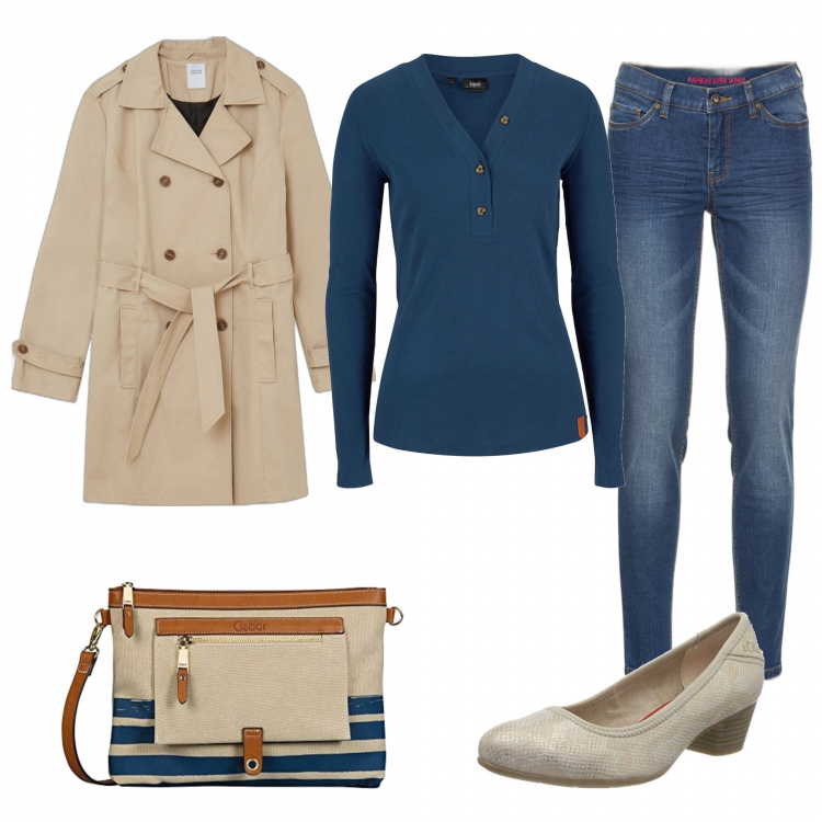 Outfit donna - Total look #1297269. Stile Urban per Tutti i giorni. Abbinamento con jeans skinny, maglieria, trench, scarpe col tacco, clutch.