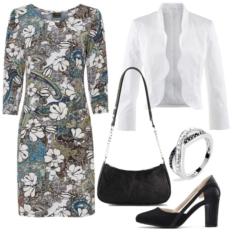 Outfit donna - Cerimonia ad Aprile. Stile Romantica per Cerimonia. Abbinamento con blazer, vestiti, décolleté, borse a tracolla, anelli.